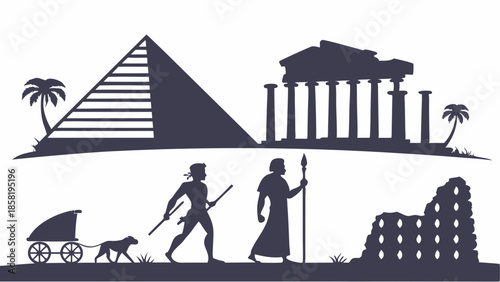 Ancient History Timeline Vector Silhouette Egyptian Pyramid and Greek Temple with Travelers and Ruins Classical Civilization Heritage Illustration
