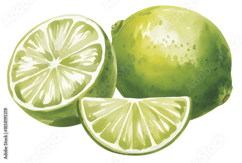 Fresh lime fruit pieces with soft hand-painted watercolor texture.