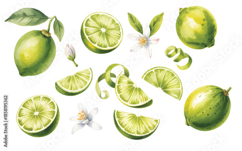 Fresh lime fruit pieces with soft hand-painted watercolor texture.