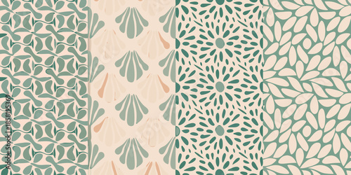 Four sections of botanical patterns in muted green and peach tones