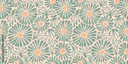A seamless pattern featuring stylized floral shapes in muted green and peach