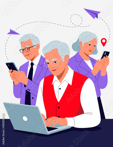 A cheerful elderly trio is visually engaged with technology, showcasing generational adaptation through smartphones and laptops in a modern artistic illustration.