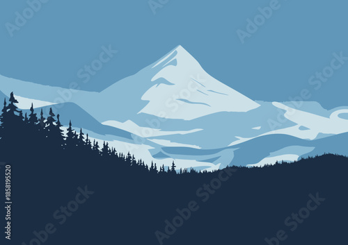 A captivating mountain scene rendered in cool shades of blue, evoking feelings of chill, serenity, and the grandeur of nature in a minimalist and artistic representation.