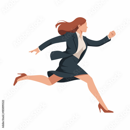 This image depicts a dynamic businesswoman running, embodying energy and determination as she navigates her professional life with purpose and confidence.