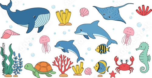 Cute underwater sea animals illustration set with whale, dolphin, turtle, fish, coral, and jellyfish in colorful cartoon style for kids designs