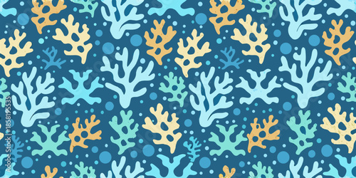 Abstract seamless pattern with blue and orange coral reef elements