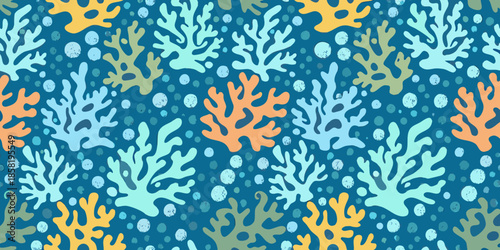 A vibrant seamless pattern of colorful coral and bubbles beneath the sea