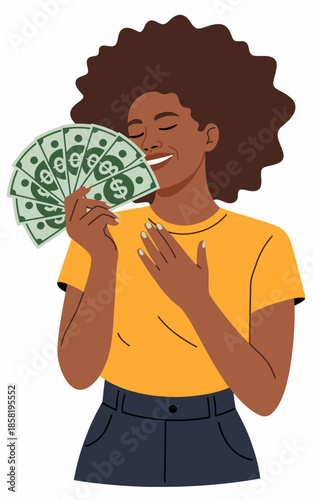 A woman with curly hair joyfully holds a fan of dollar bills close to her face, showcasing excitement and happiness that money can bring into her life.