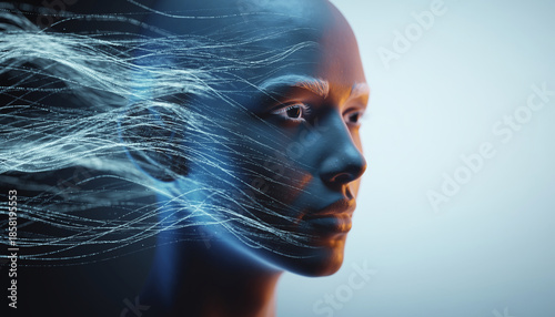Futuristic Female Face with Flowing Digital Energy Lines