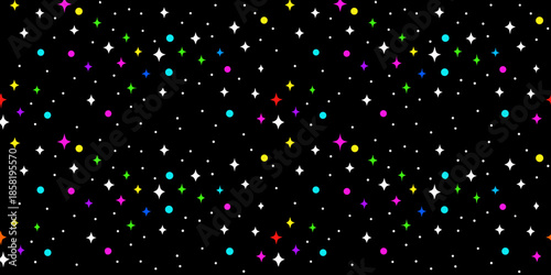 A vibrant and colorful scattering of bright star like shapes against black