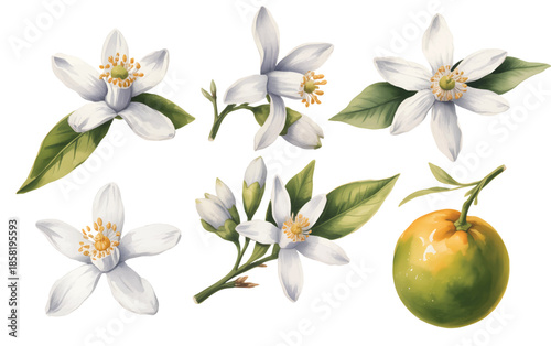 Fresh lemon blossoms with unopened buds in traditional watercolor style.
