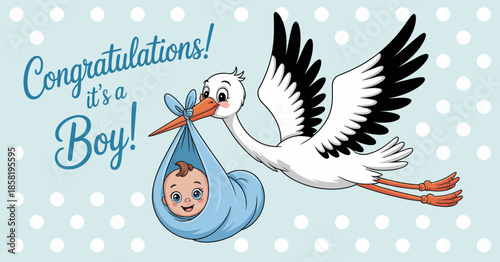 The playful image of a stork carrying a newborn baby in a bundle celebrates the joy of new life, making it a delightful announcement for expecting families.