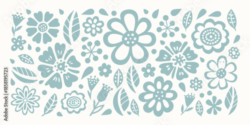 An arrangement of delicate teal floral and leaf silhouettes forming a pattern