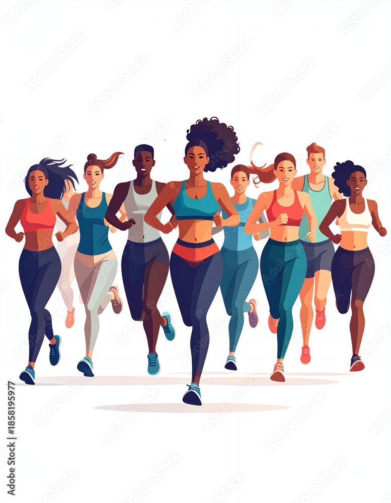 Fototapeta premium Diverse group of women running together, showcasing fitness, health, and community spirit in a vibrant, energetic illustration.