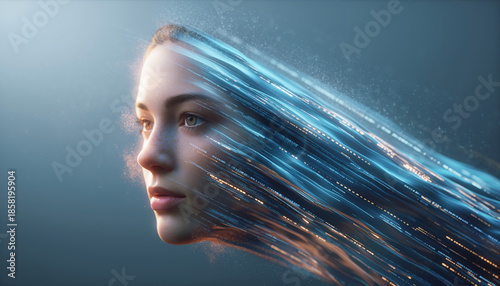 Futuristic Female Profile with Flowing Digital Light Streams