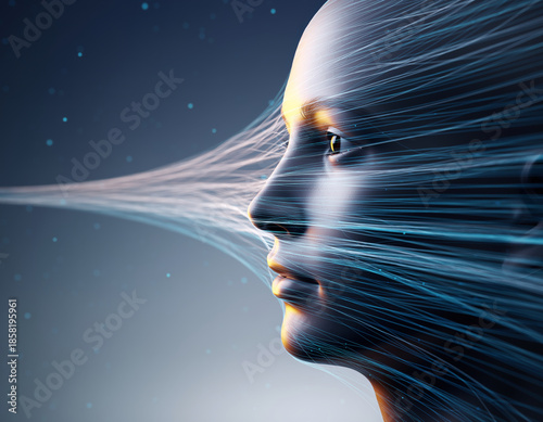 Futuristic Human Profile with Flowing Digital Energy Streams