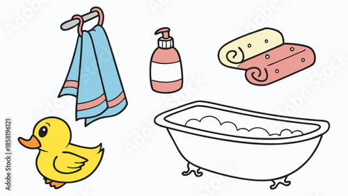 Cartoon Bath Time Essentials Vector Illustration Rubber Ducky Bathtub Towel and Soap for Kids Hygiene and Bathroom Decor Web Design Graphic