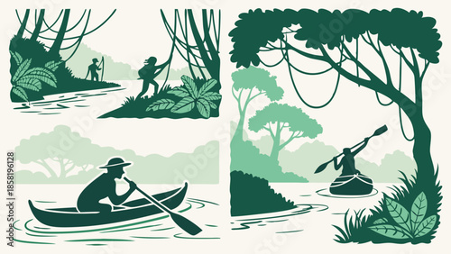 Tropical Jungle Adventure Illustration Set Explorers Paddling Canoe and Trekking Through Dense Rainforest Wilderness Graphic