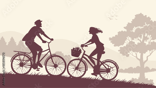 Romantic Couple Cycling Uphill Silhouette Outdoor Leisure Activity Biking Togetherness Vintage Sepia Landscape Summer Travel
