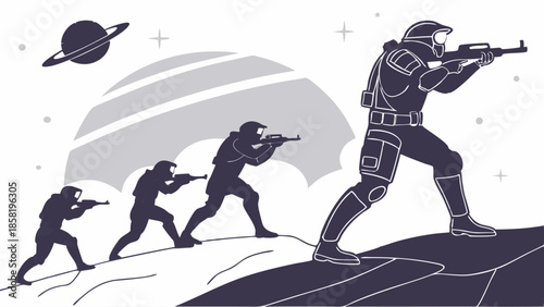 Futuristic Soldier Evolution Advancing Upward on Alien Planet Vector Illustration Showing Military Progress Technology Development and Business Growth Strategy