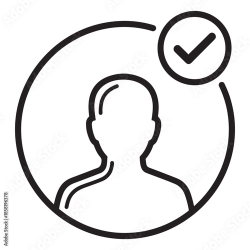Black outline icon of person silhouette inside circle with checkmark vector