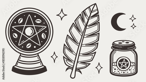 Esoteric Witchcraft Line Art Set Crystal Ball Pentagram Feather Moon Stars Mystical Spiritual Design for Halloween and Web Branding