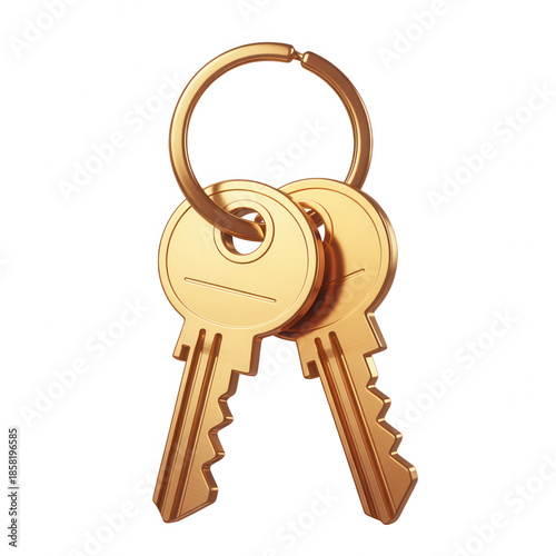 A pair of shiny gold cartoon style keys with a ring on a transparent background black background isolated on a transparent background