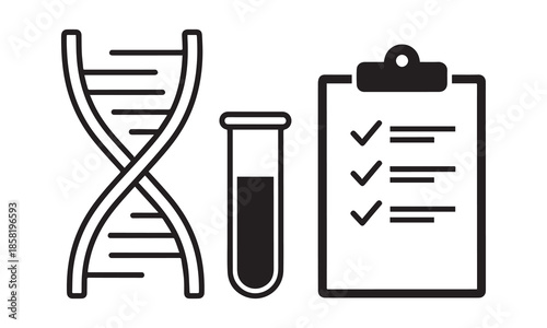 D N A helix test tube and checklist icons double molecule