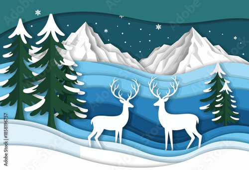 A serene winter landscape featuring two majestic deer amidst snow-covered mountains, evergreen trees, and a starry night sky that evokes a sense of tranquility and beauty.