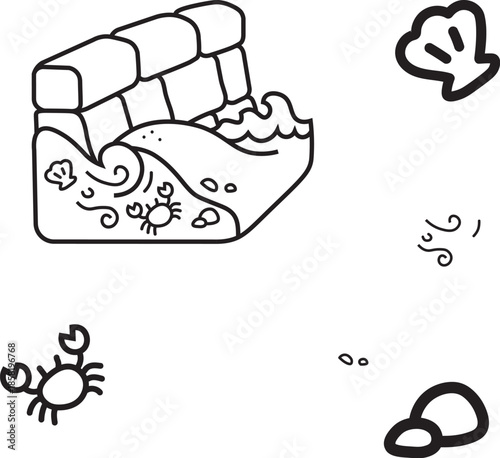 Cute line art illustration of a stone breakwater with crashing waves and marine life like a crab and shell, vector style doodle for summer beach concepts and coastal protection themes
