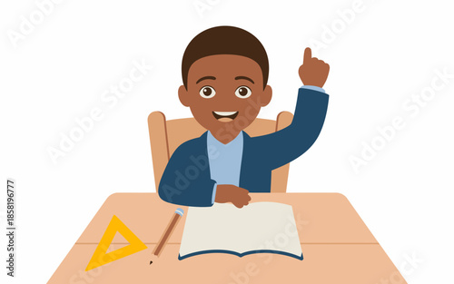 A cheerful young boy with a raised hand sitting at a desk, ready to answer questions at school. He embodies eagerness and enthusiasm for learning in a classroom environment.