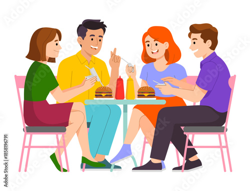 A cheerful group of four friends gathers around a table, sharing delicious burgers and enjoying each other's company in a vibrant, lively dining atmosphere.