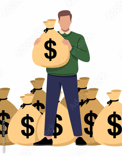 A person holds a large money bag in front of several smaller bags filled with cash, symbolizing wealth, prosperity, and financial aspirations in a bold graphic style.