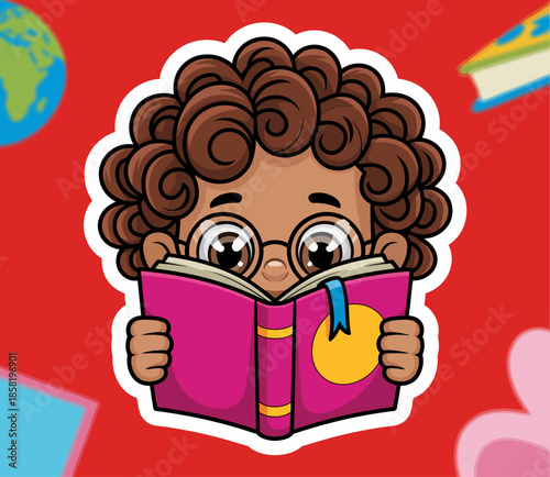 A young child joyously reads a colorful book, surrounded by educational items, representing curiosity and learning, ideal for educational content and children’s media.