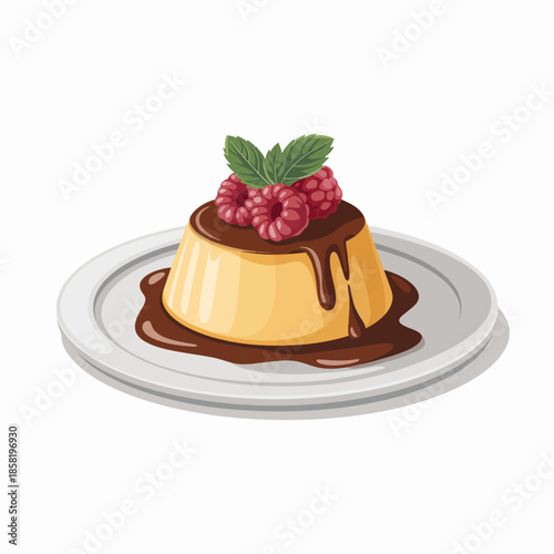 A visually appealing illustration of a flan dessert topped with raspberries and chocolate sauce, highlighting the artistry of dessert making and the joy of sweet indulgence.