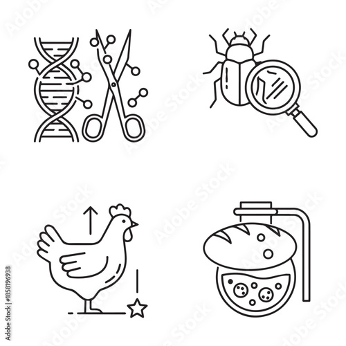 Gene editing D N A helix scissors beetle magnifying glass chicken flask vector