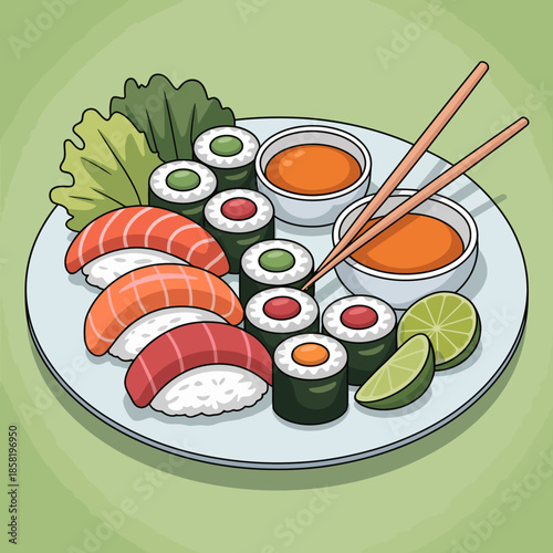 An appealing illustration of an assorted sushi platter, including various sushi types and dipping sauces, highlighting the beauty and deliciousness of Japanese cuisine.