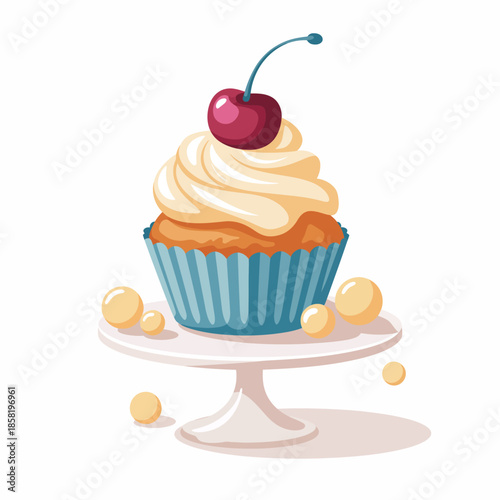 An appetizing cupcake topped with fluffy frosting and a cherry sits on a pedestal, embodying the essence of indulgence, celebration, and the joy of sweet treats in a cute design.