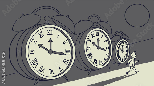 Business Deadline Pressure Illustration Man Walking Past Giant Alarm Clocks Time Management Urgency Stress