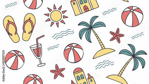Tropical Summer Vacation Seamless Pattern Hand Drawn Beach Doodles Background Happy Holiday Travel Design for Seasonal Marketing Promotions and Web Use