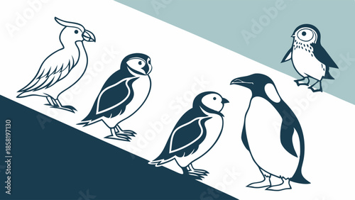 Diverse Group of Seabirds Illustration Including Penguin and Puffins Teamwork and Wildlife Vector Art for Conservation and Web Design