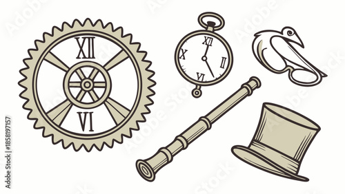 Steampunk Mechanical Objects Set Victorian Gear Clock Pocket Watch Top Hat and Spyglass Retro Antique Illustration Collection