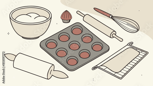 Minimalist Isometric Baking Tools Set Kitchen Utensils Rolling Pin Muffin Pan Whisk Dough Preparation Line Art Illustration for Web Design