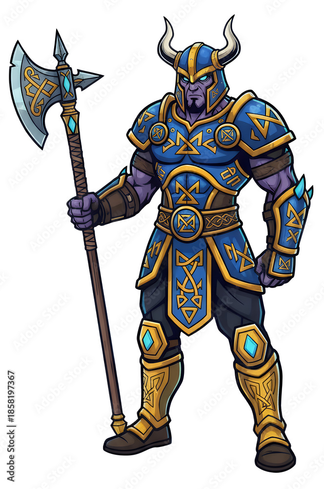 Obraz premium A powerful purple-skinned fantasy warrior in blue and gold armor with a horned helmet, holding a large ornate battle axe.