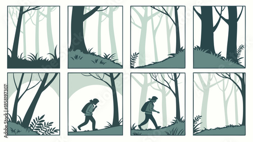 Storyboard Illustration of Hiker Walking Through Forest Trail Sequential Art Nature Adventure Journey Minimalist Design