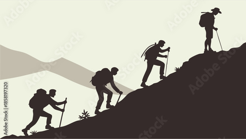 Determined Hikers Climbing Steep Mountain Slope Silhouette Showing Career Progress and Goal Achievement