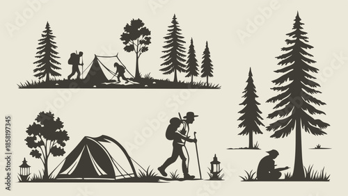Vintage Hiking and Camping Silhouettes Set Forest Adventure Backpacker Traveler Rustic Logo Badge Elements
