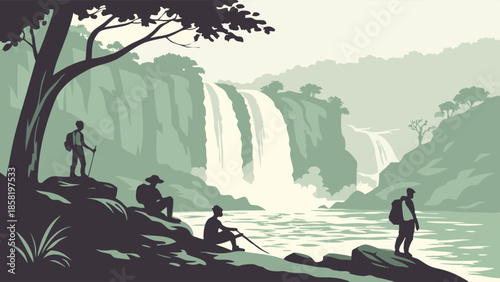 Hikers and Fisherman at Massive Waterfall River Flat Design Vector Illustration Adventure Travel Exploration