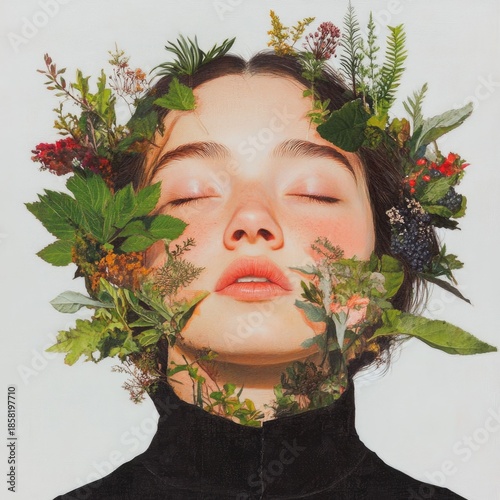 Creative close-up beauty woman portrait surrounded by blossoms in nature-inspired setting