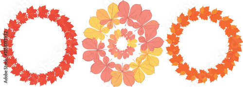 Autumn leaf wreath illustration set with colorful fall foliage circles in flat decorative style for seasonal designs, invitations, frames, and harvest themes